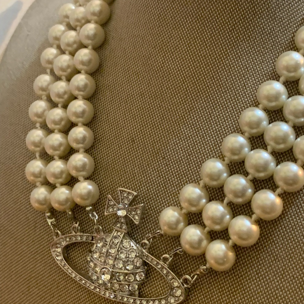 VW choker necklace triple Pearl orb silver collar saturn crystals